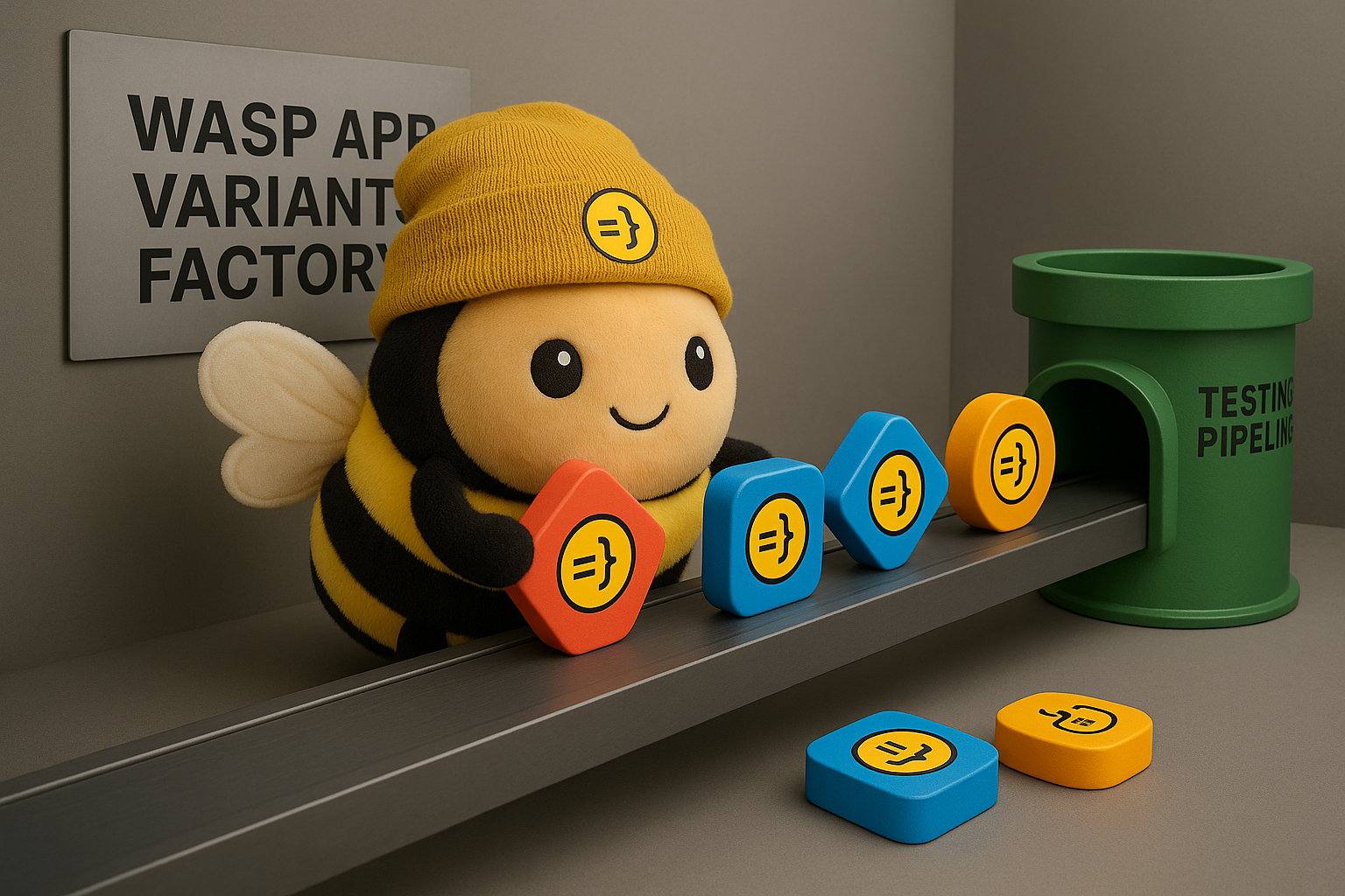 An AI generated image of Wasp mascot putting Wasp app variants on the coveyor belt to the testing pipeline